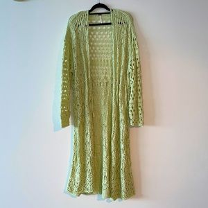 FREE PEOPLE - Green Crochet Long Cardigan with Tie